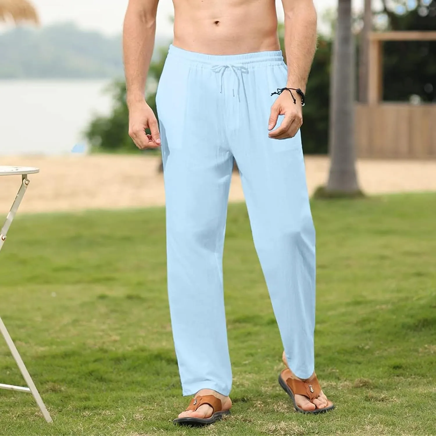 Men's Casual Cotton Linen Pants Lightweight Drawstring Pant Solid Color Slim Fit Trousers Beach Summer Pants