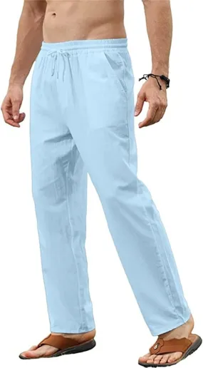 Men's Casual Cotton Linen Pants Lightweight Drawstring Pant Solid Color Slim Fit Trousers Beach Summer Pants