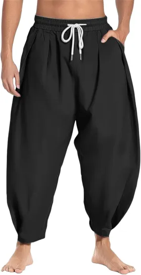 Mens Casual Harem Pants Drawstring Elastic Waist Cropped Trousers Yoga Beach Lightweight Cinch Bottom Beach Pants Mens Casual Pants BeachBeachBeachBeach,Black