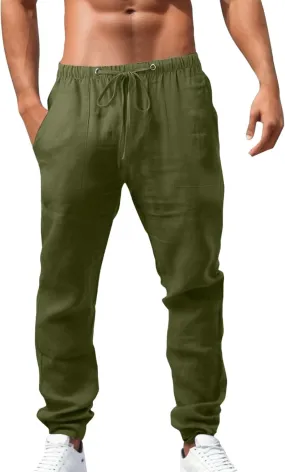 Mens Casual Pants Drawstring Elastic Waist Lightweight Solid Color Linen Pant Summer Yoga Beach Trousers with Pockets