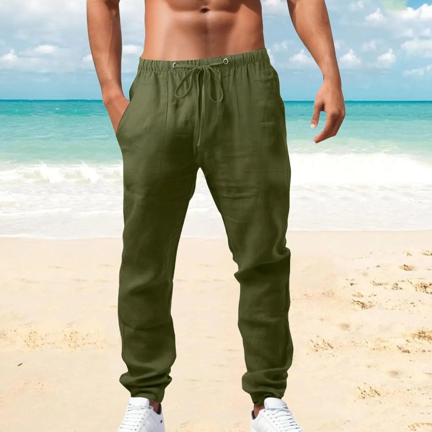 Mens Casual Pants Drawstring Elastic Waist Lightweight Solid Color Linen Pant Summer Yoga Beach Trousers with Pockets