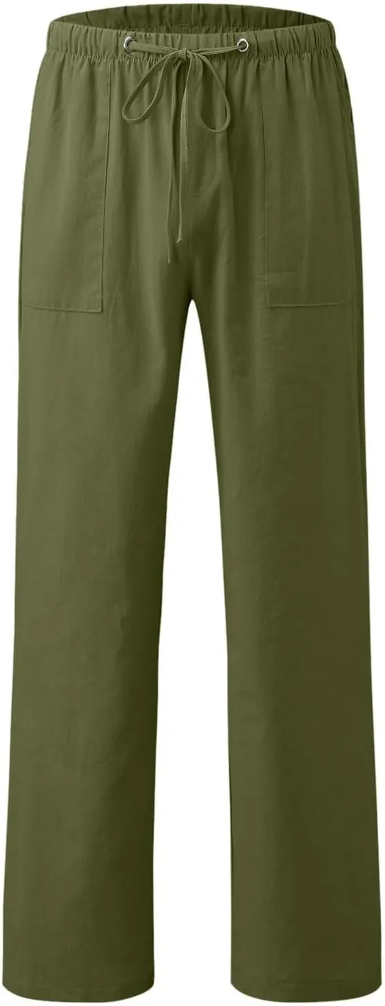 Mens Casual Pants Drawstring Elastic Waist Lightweight Solid Color Linen Pant Summer Yoga Beach Trousers with Pockets