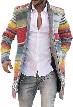 Men's Casual Plaid Trenchcoats Single Breasted Wool Blend Mid Long Blazer Coats