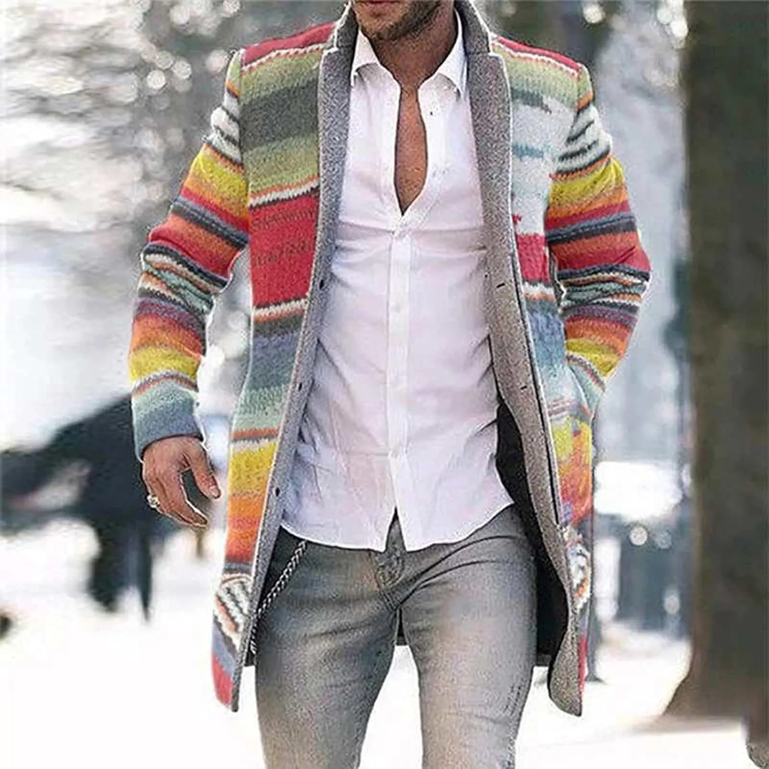 Men's Casual Plaid Trenchcoats Single Breasted Wool Blend Mid Long Blazer Coats
