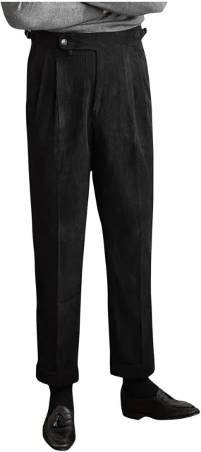 Mens Corduroy Formal Pants Vintage Pleated Front Suit Trousers Straight Leg Corduroy Trouser Business Office Dress Pant