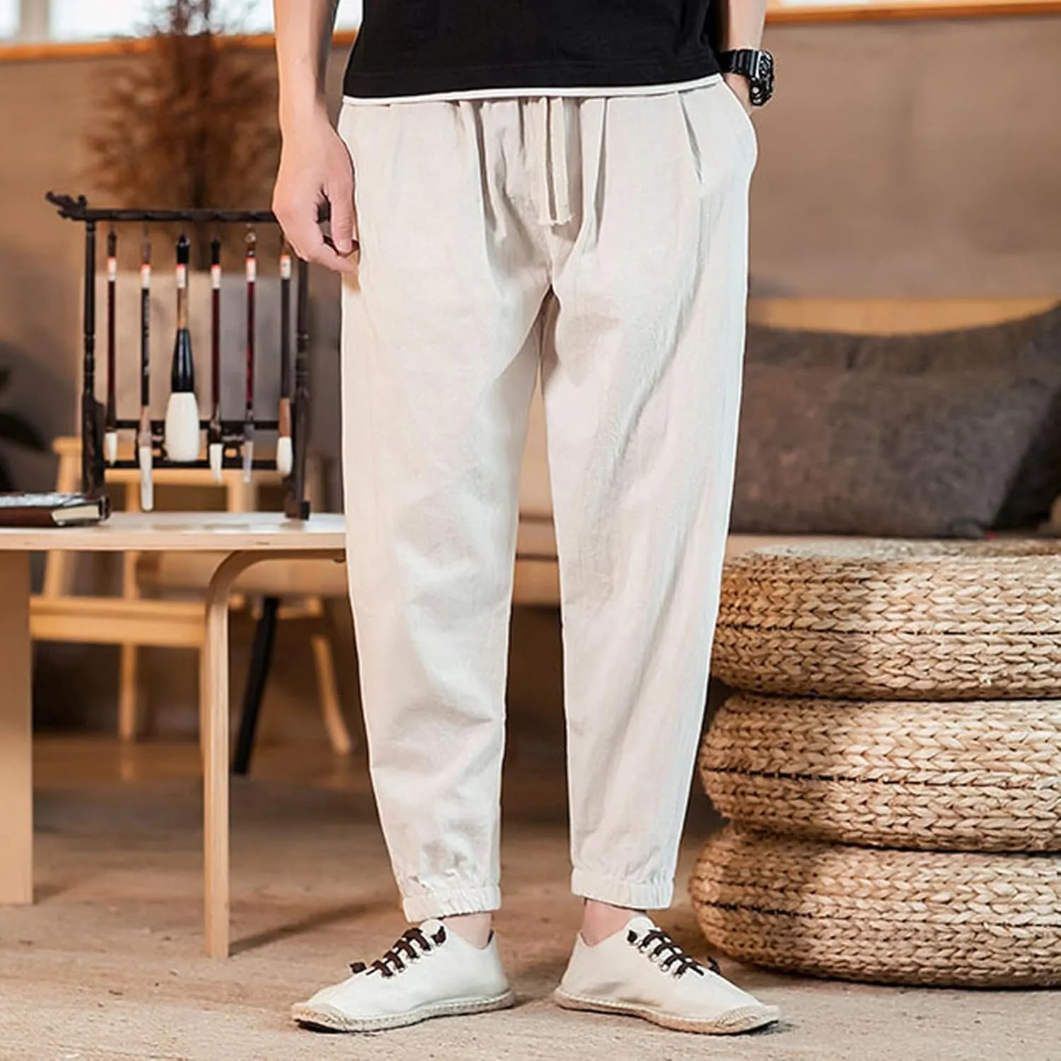 Mens Cotton Linen Beach Pants Elastic Waist Joggers Drawstring Lounge Pants Lightweight Tapered Pants Casual Trousers