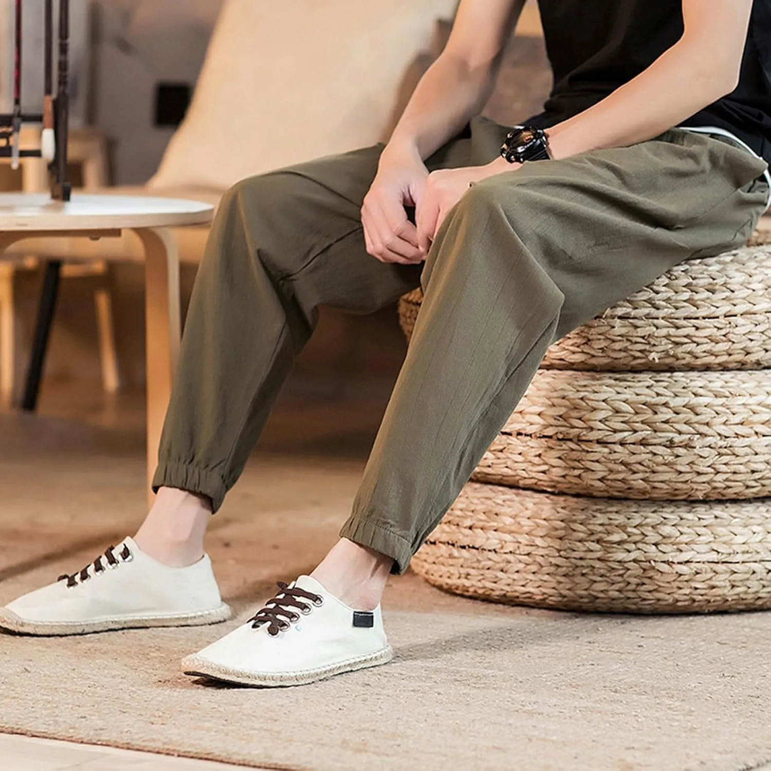Mens Cotton Linen Beach Pants Elastic Waist Joggers Drawstring Lounge Pants Lightweight Tapered Pants Casual Trousers
