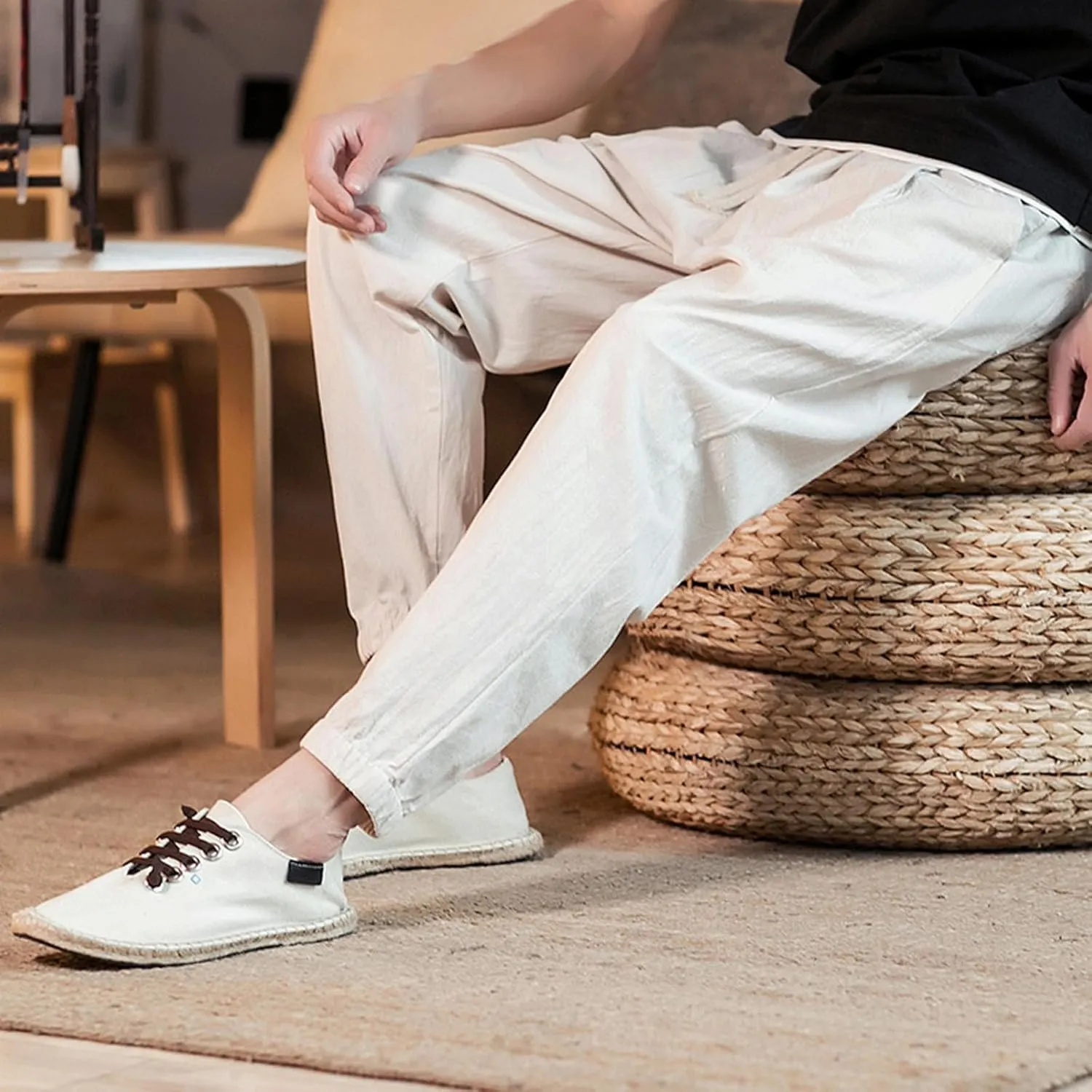 Mens Cotton Linen Beach Pants Elastic Waist Joggers Drawstring Lounge Pants Lightweight Tapered Pants Casual Trousers