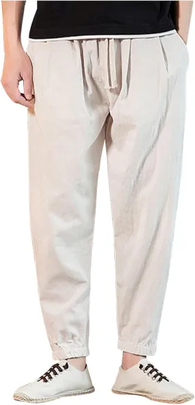 Mens Cotton Linen Beach Pants Elastic Waist Joggers Drawstring Lounge Pants Lightweight Tapered Pants Casual Trousers