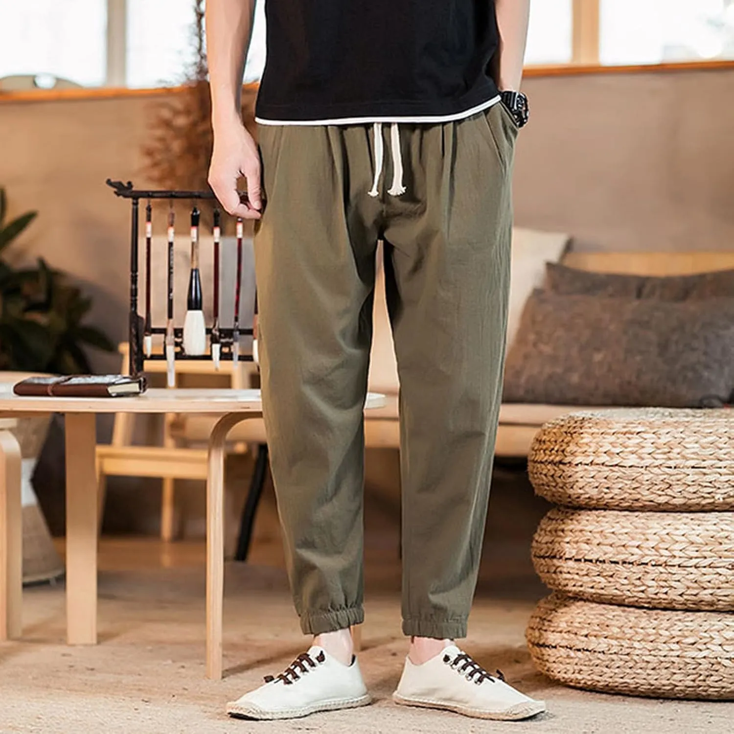 Mens Cotton Linen Beach Pants Elastic Waist Joggers Drawstring Lounge Pants Lightweight Tapered Pants Casual Trousers