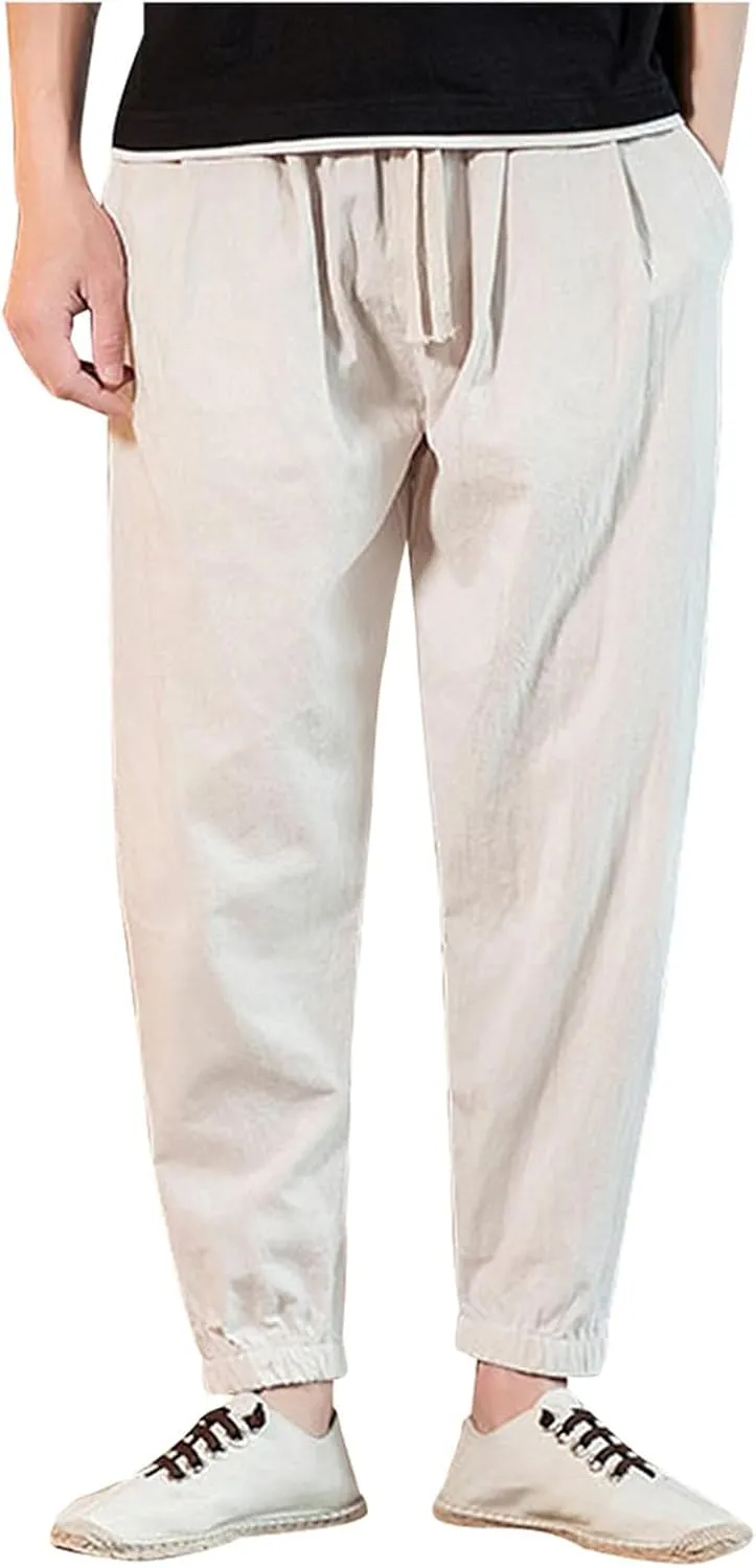 Mens Cotton Linen Beach Pants Elastic Waist Joggers Drawstring Lounge Pants Lightweight Tapered Pants Casual Trousers