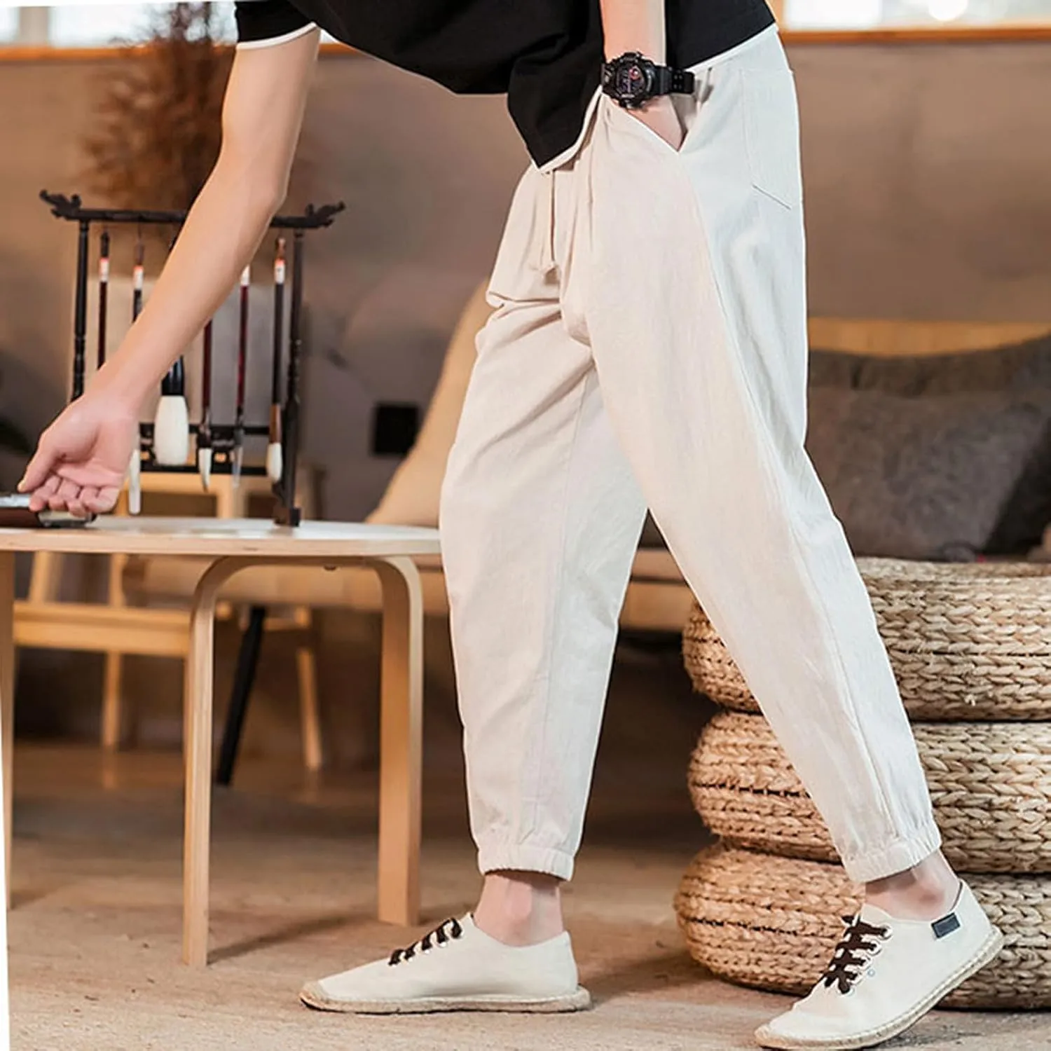 Mens Cotton Linen Beach Pants Elastic Waist Joggers Drawstring Lounge Pants Lightweight Tapered Pants Casual Trousers