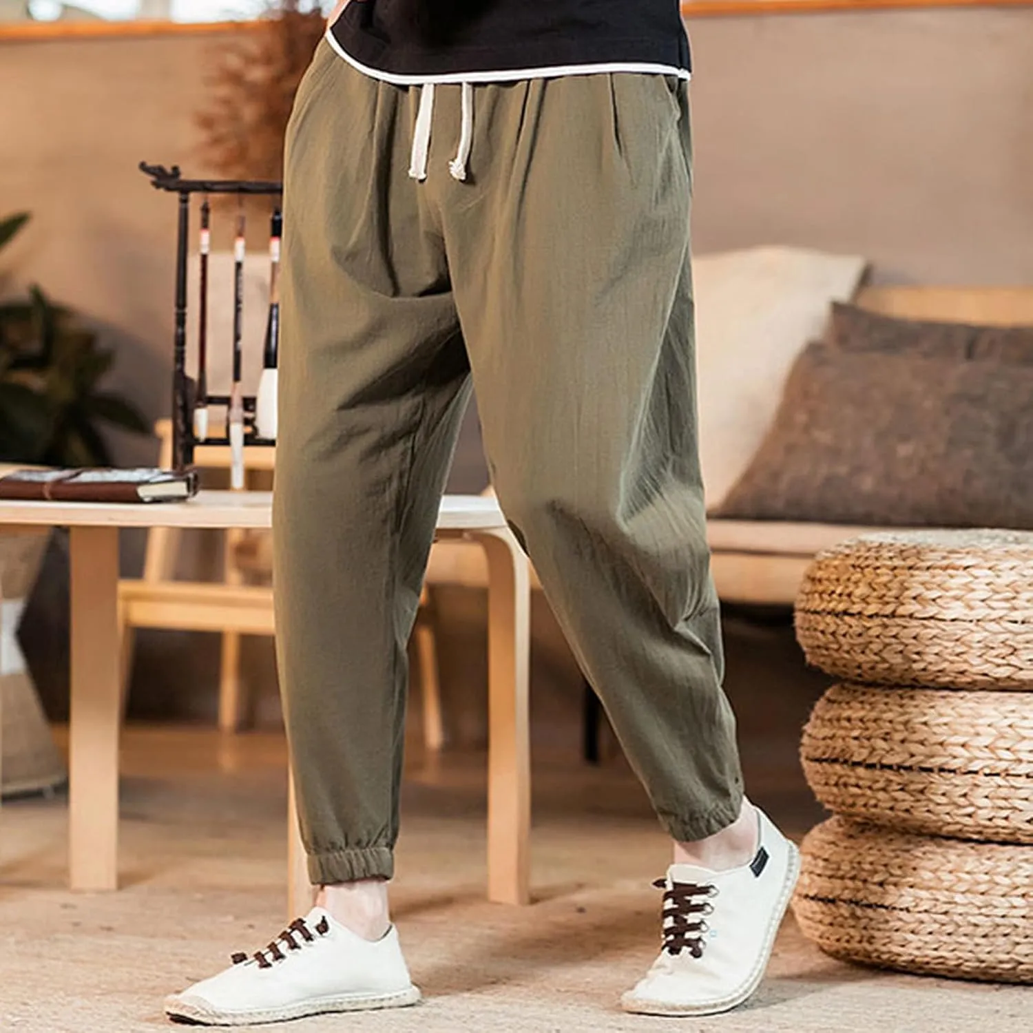 Mens Cotton Linen Beach Pants Elastic Waist Joggers Drawstring Lounge Pants Lightweight Tapered Pants Casual Trousers