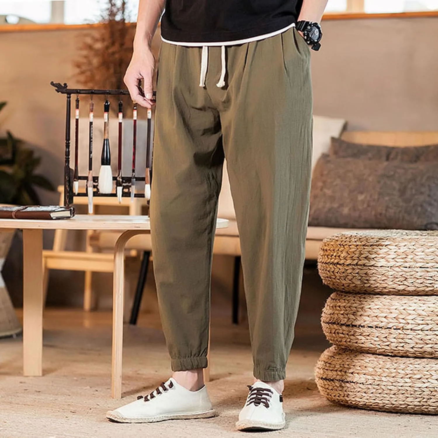 Mens Cotton Linen Beach Pants Elastic Waist Joggers Drawstring Lounge Pants Lightweight Tapered Pants Casual Trousers