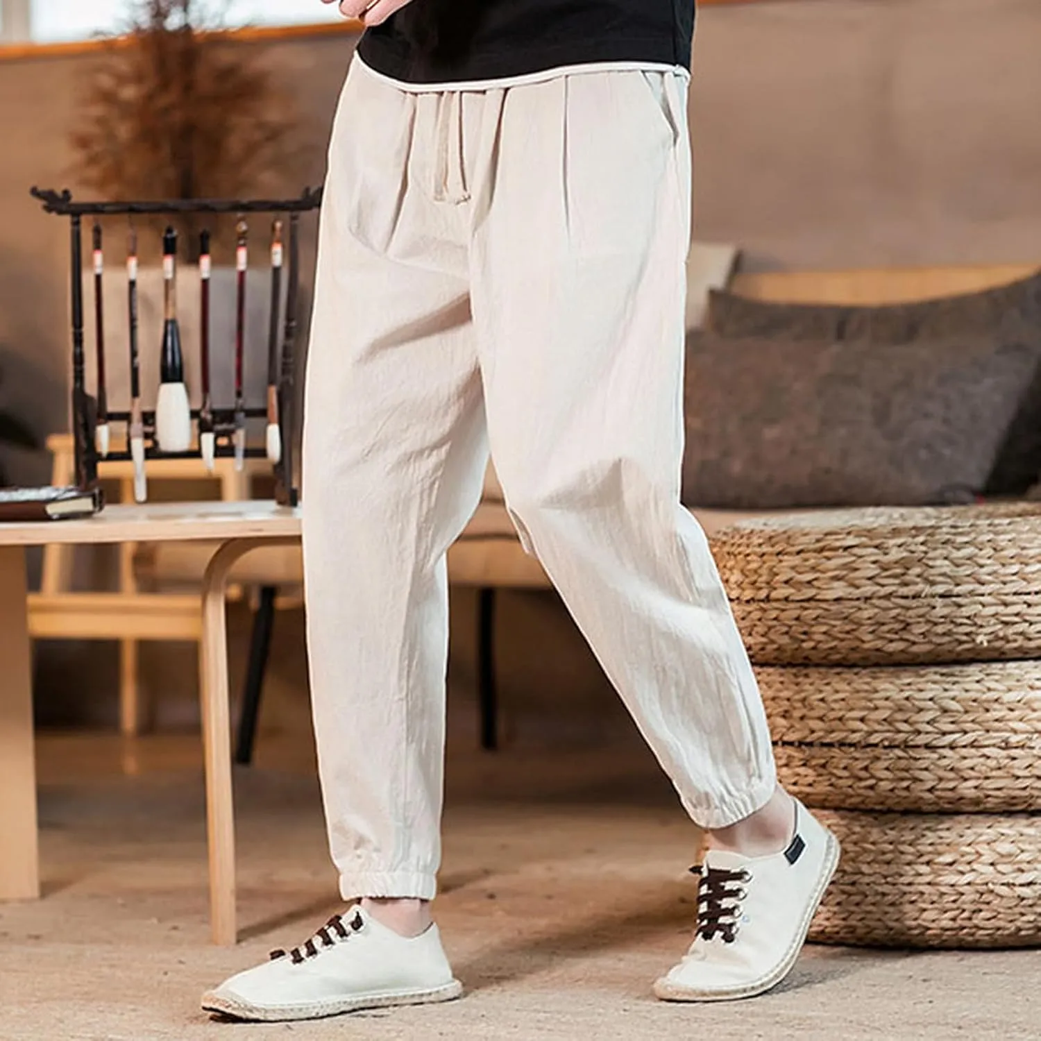 Mens Cotton Linen Beach Pants Elastic Waist Joggers Drawstring Lounge Pants Lightweight Tapered Pants Casual Trousers