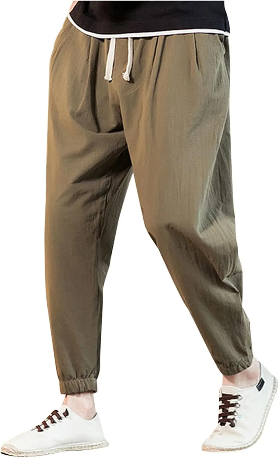 Mens Cotton Linen Beach Pants Elastic Waist Joggers Drawstring Lounge Pants Lightweight Tapered Pants Casual Trousers