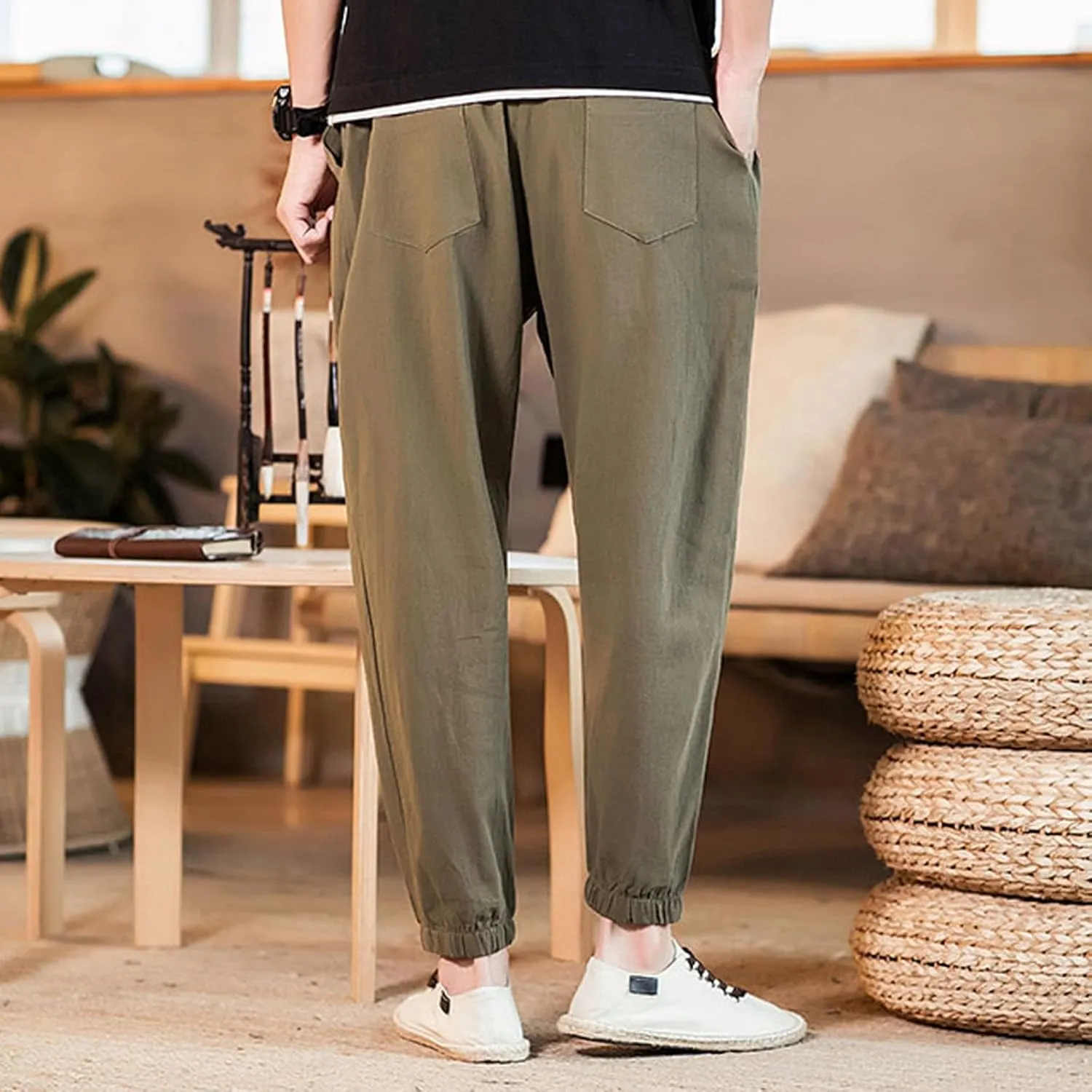 Mens Cotton Linen Beach Pants Elastic Waist Joggers Drawstring Lounge Pants Lightweight Tapered Pants Casual Trousers