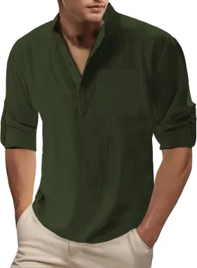 Men's Cotton Linen Henley T-Shirts Roll Up Long Sleeve Hawaii Hippie Casual Beach T-Shirts Button Down Band Collar