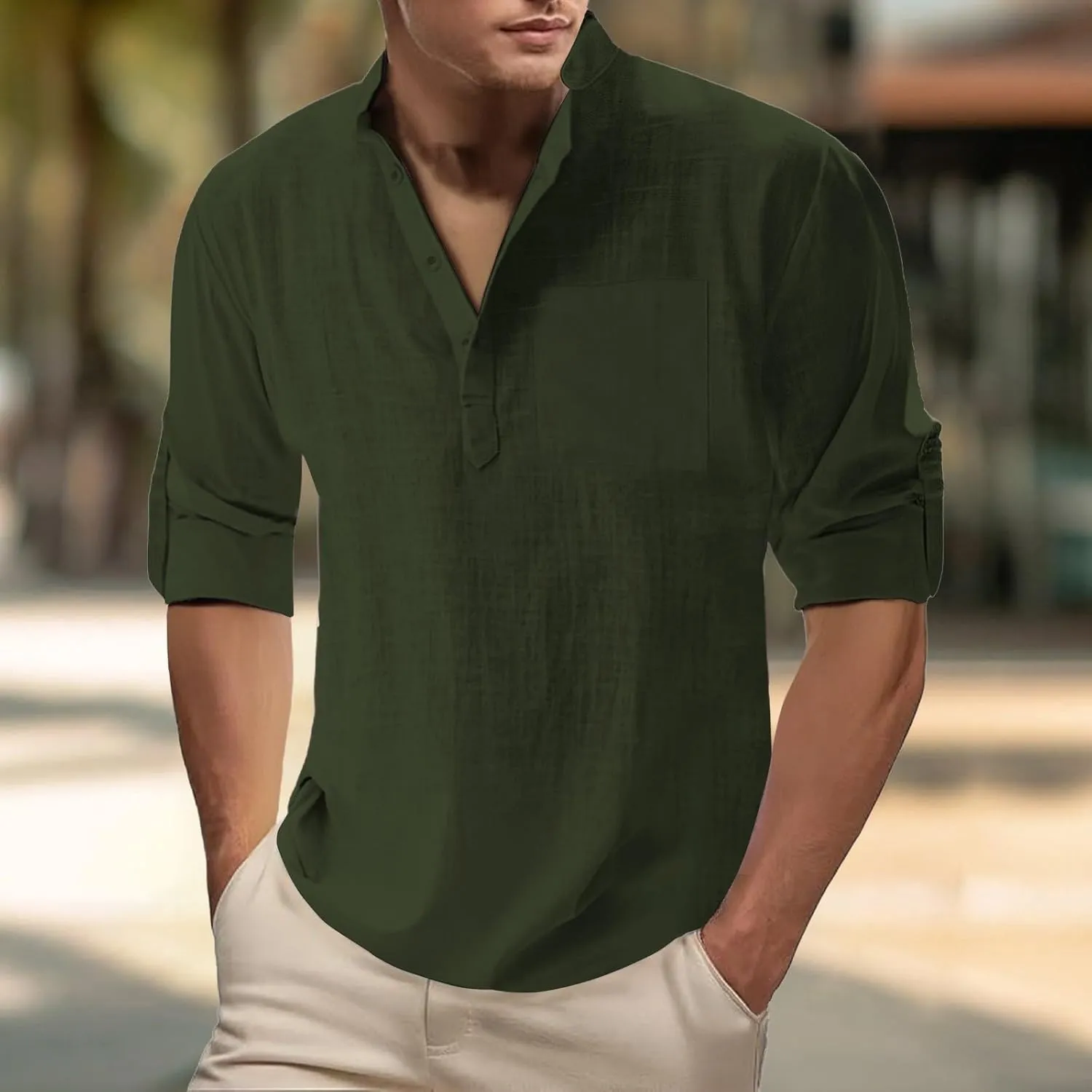 Men's Cotton Linen Henley T-Shirts Roll Up Long Sleeve Hawaii Hippie Casual Beach T-Shirts Button Down Band Collar