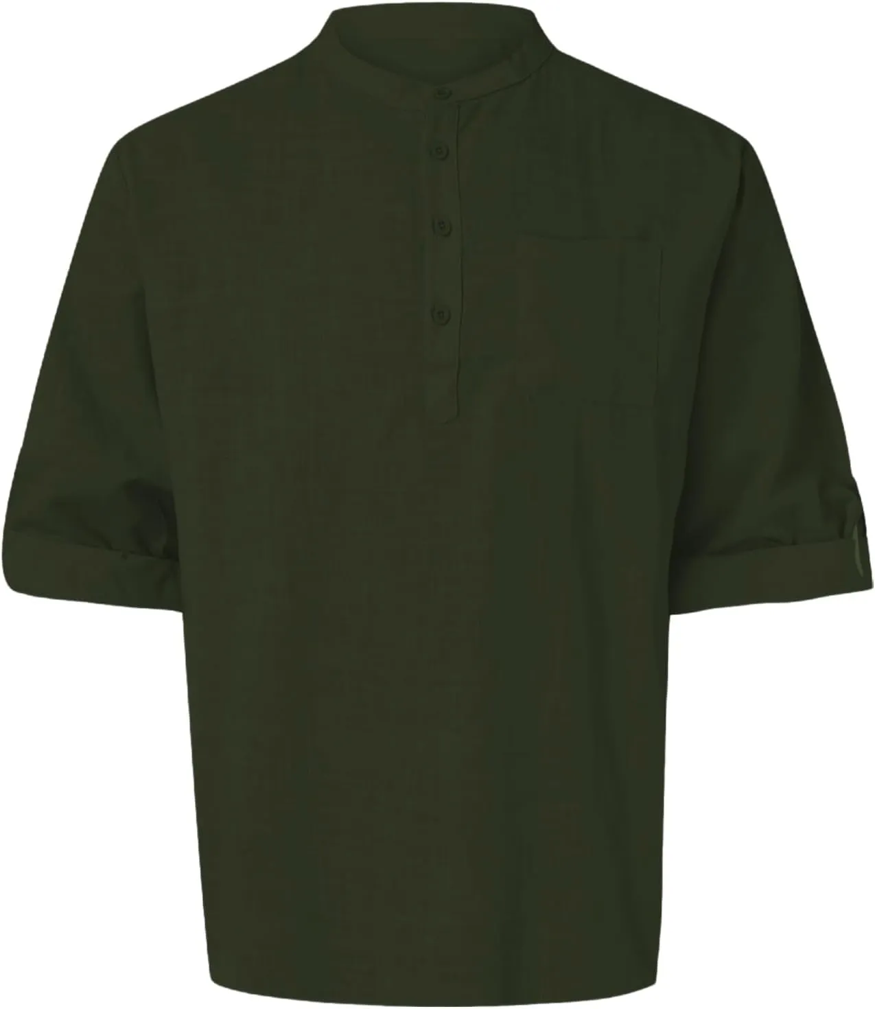 Men's Cotton Linen Henley T-Shirts Roll Up Long Sleeve Hawaii Hippie Casual Beach T-Shirts Button Down Band Collar
