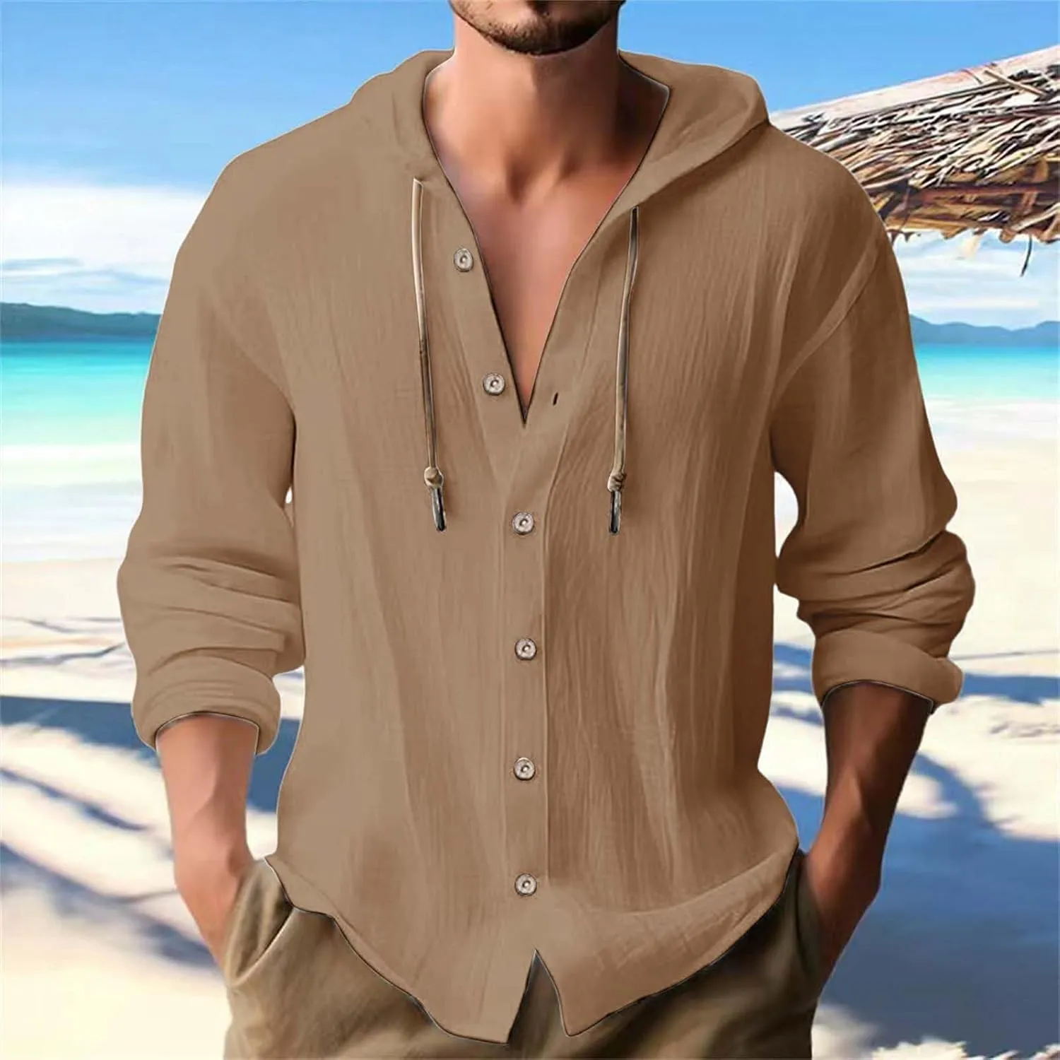 Mens Cotton Linen Hoodies Long Sleeve Button Up Hawaiian Beach Yoga Shirt Lightweight Soft Loose Fit Cruise Attire