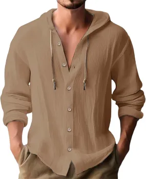 Mens Cotton Linen Hoodies Long Sleeve Button Up Hawaiian Beach Yoga Shirt Lightweight Soft Loose Fit Cruise Attire