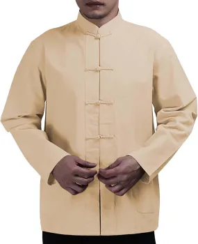 Men's Cotton Linen Kung Fu Shirts Long Sleeve Mandarin Collar Frog-Button Tang Suit Chinese Traditional Tops for Men