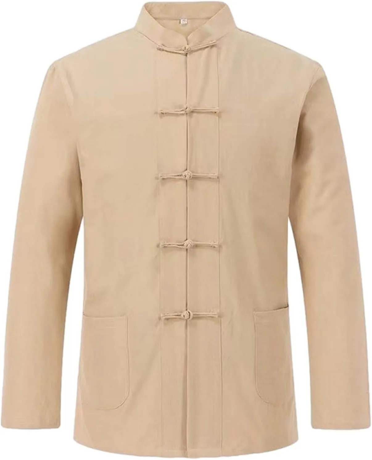 Men's Cotton Linen Kung Fu Shirts Long Sleeve Mandarin Collar Frog-Button Tang Suit Chinese Traditional Tops for Men