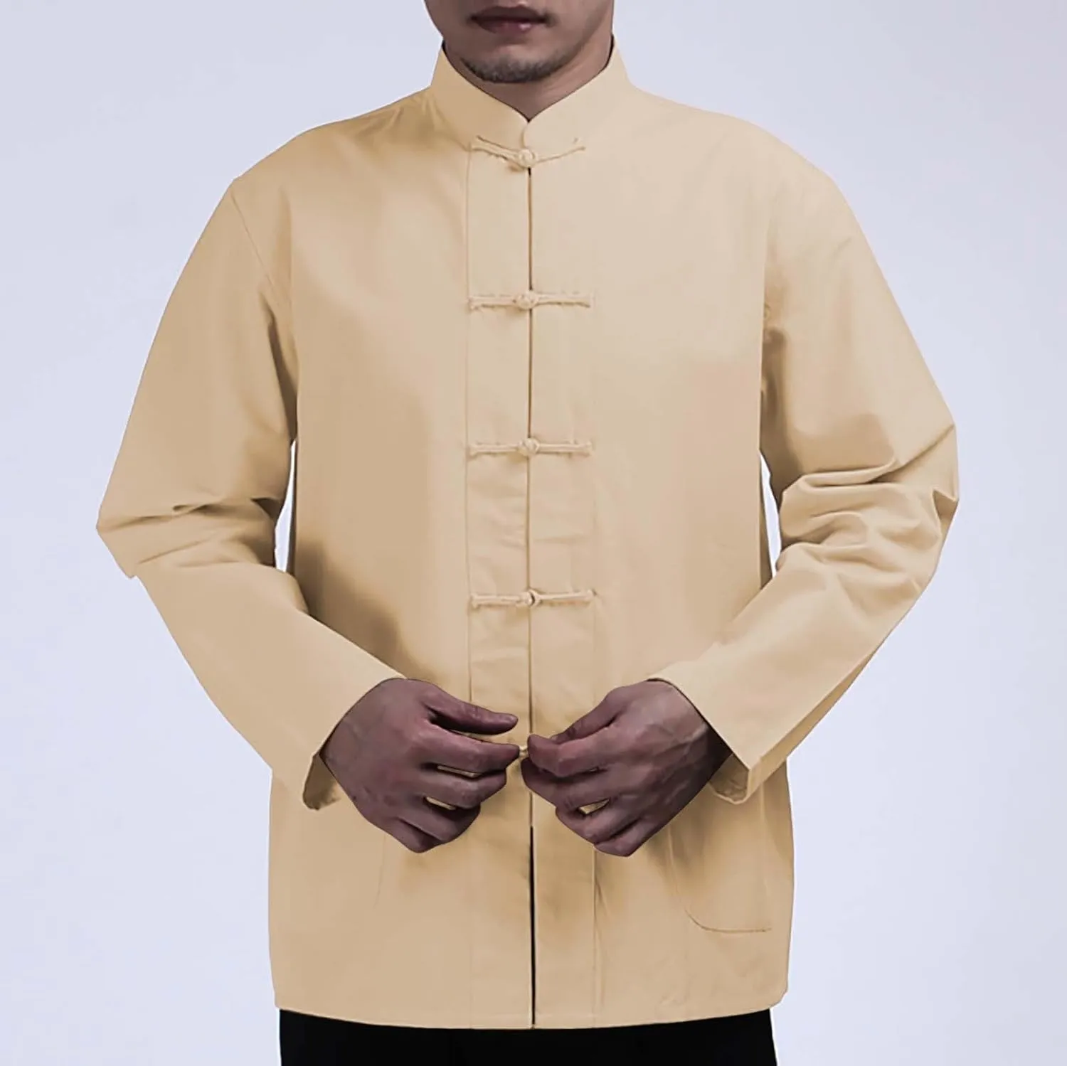 Men's Cotton Linen Kung Fu Shirts Long Sleeve Mandarin Collar Frog-Button Tang Suit Chinese Traditional Tops for Men