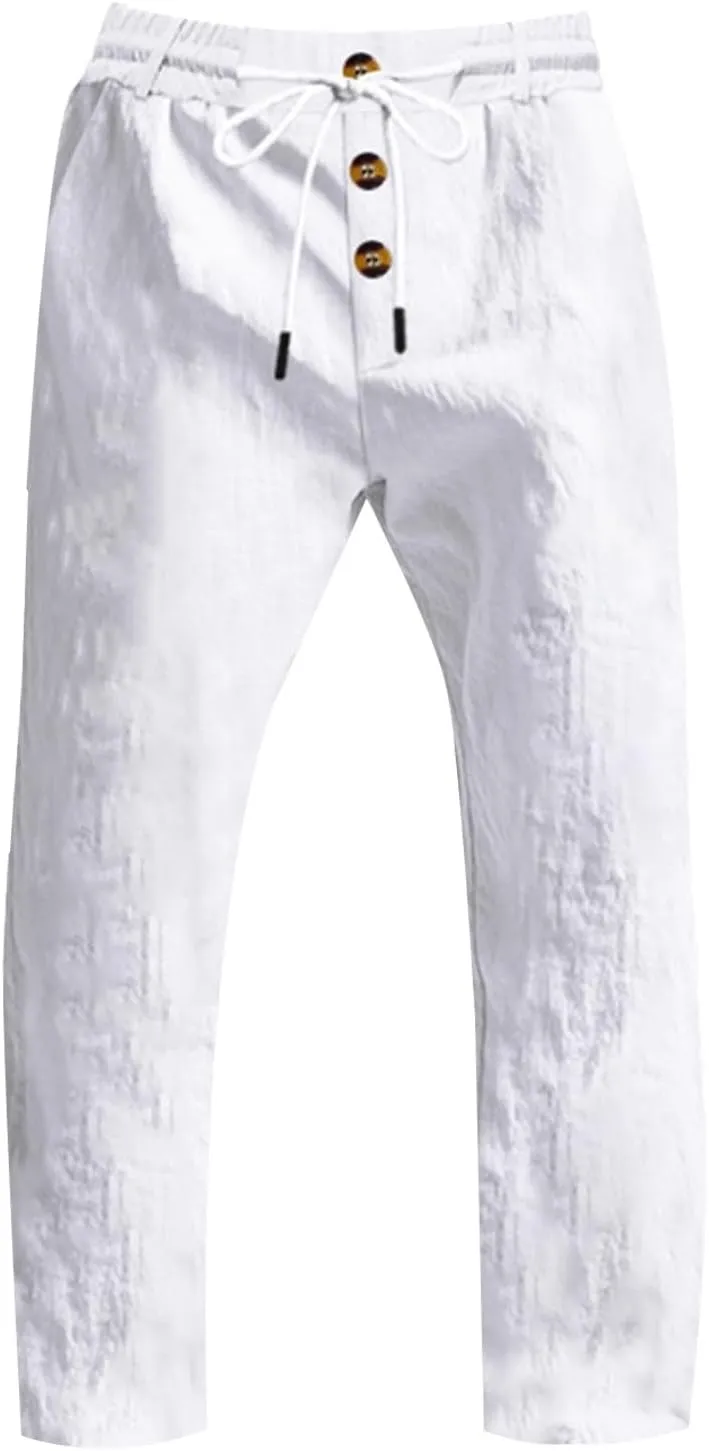 Men's Cotton Linen Pants 2025 Summer Stretchy Elastic Waist Cargo Trousers Lightweight Casual Harem Pants with Pocket