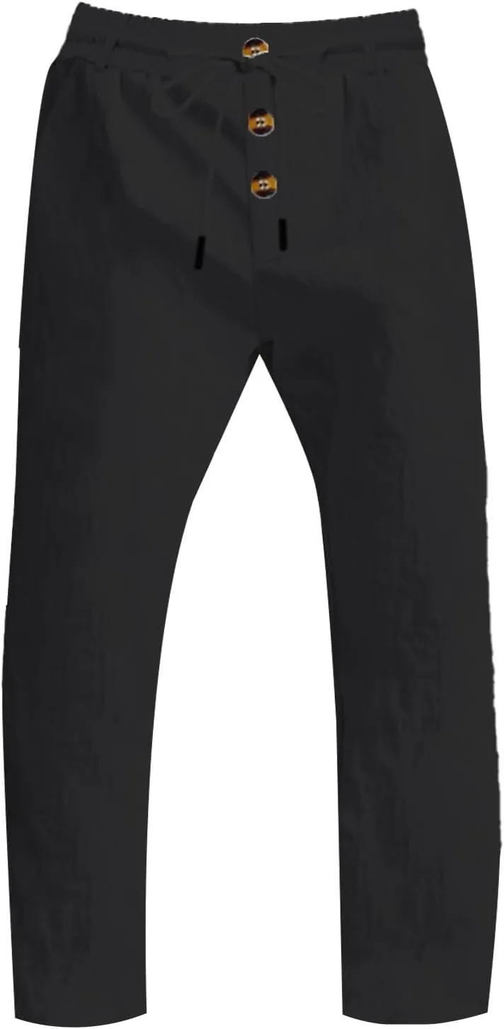 Men's Cotton Linen Pants 2025 Summer Stretchy Elastic Waist Cargo Trousers Lightweight Casual Harem Pants with Pocket