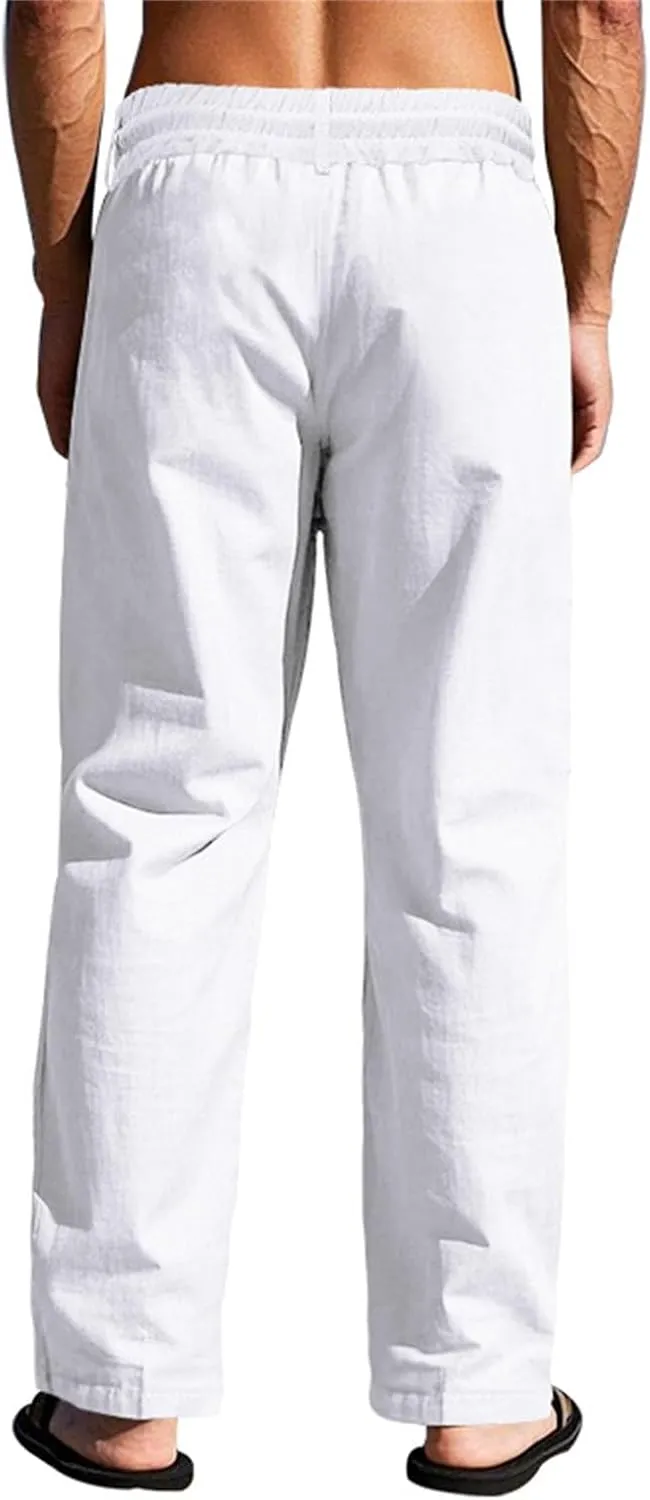 Men's Cotton Linen Pants 2025 Summer Stretchy Elastic Waist Cargo Trousers Lightweight Casual Harem Pants with Pocket