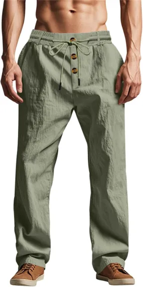 Men's Cotton Linen Pants 2025 Summer Stretchy Elastic Waist Cargo Trousers Lightweight Casual Harem Pants with Pocket