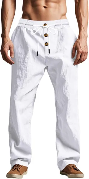 Men's Cotton Linen Pants 2025 Summer Stretchy Elastic Waist Cargo Trousers Lightweight Casual Harem Pants with Pocket