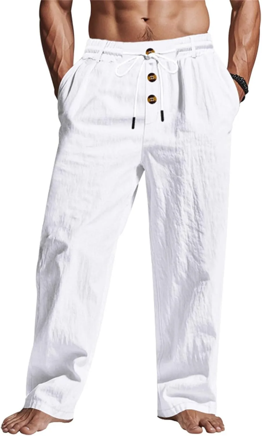 Men's Cotton Linen Pants 2025 Summer Stretchy Elastic Waist Cargo Trousers Lightweight Casual Harem Pants with Pocket