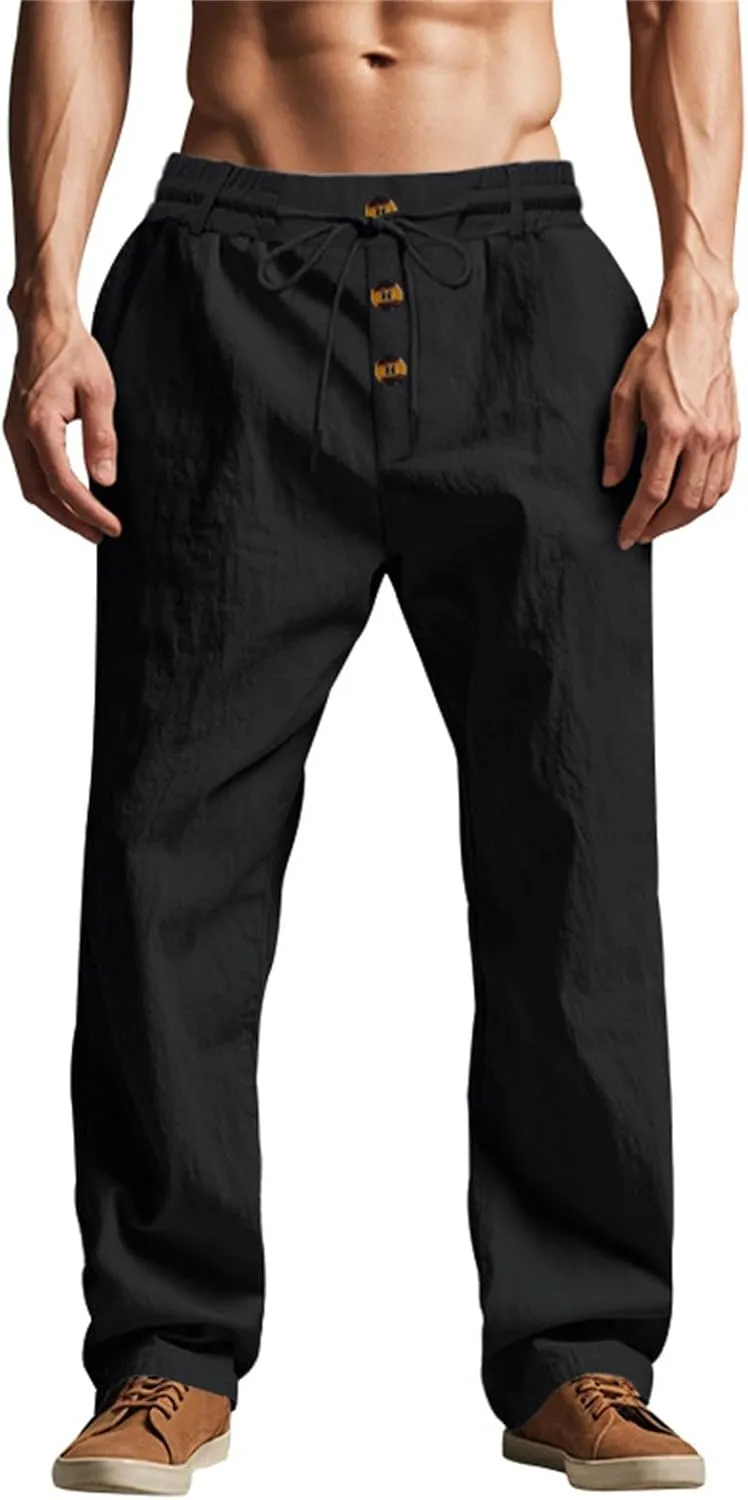 Men's Cotton Linen Pants 2025 Summer Stretchy Elastic Waist Cargo Trousers Lightweight Casual Harem Pants with Pocket