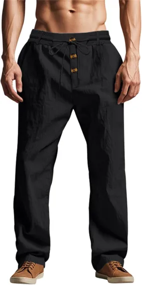 Men's Cotton Linen Pants 2025 Summer Stretchy Elastic Waist Cargo Trousers Lightweight Casual Harem Pants with Pocket