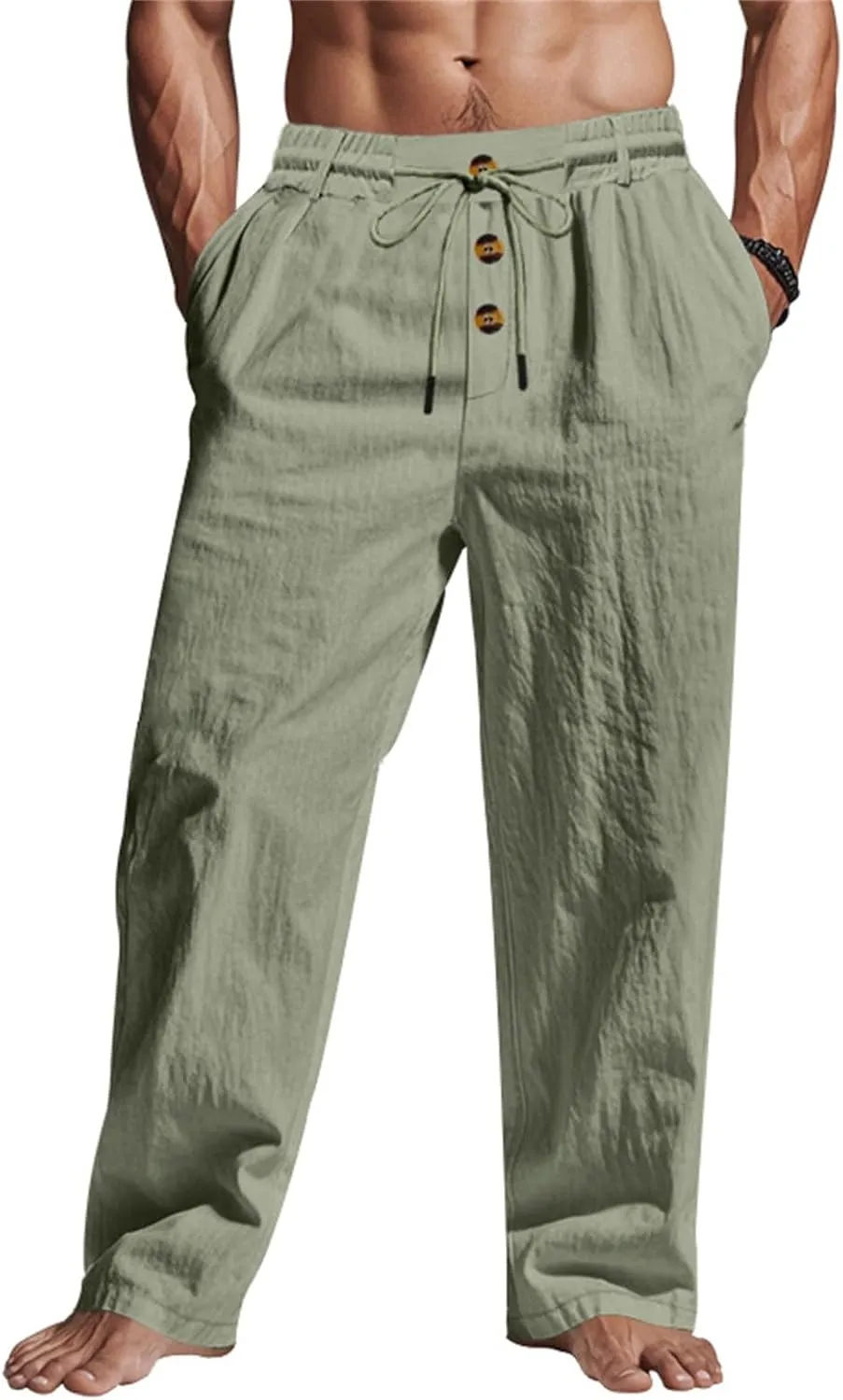 Men's Cotton Linen Pants 2025 Summer Stretchy Elastic Waist Cargo Trousers Lightweight Casual Harem Pants with Pocket