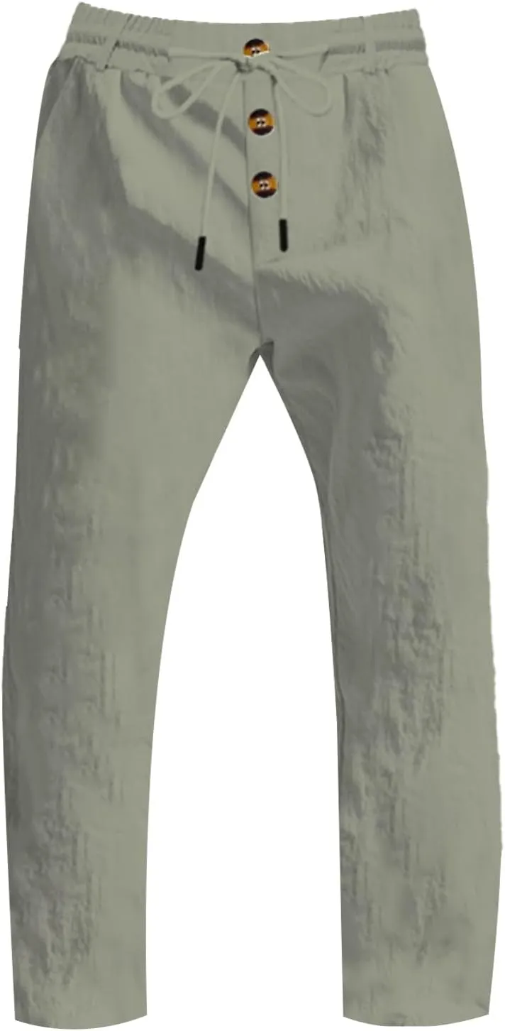 Men's Cotton Linen Pants 2025 Summer Stretchy Elastic Waist Cargo Trousers Lightweight Casual Harem Pants with Pocket