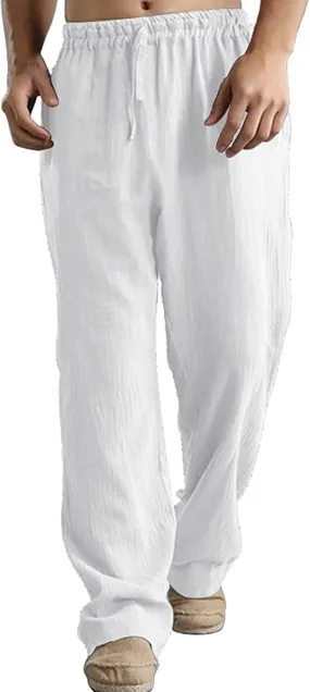 Mens Cotton Linen Pants Summer Drawstring Trousers Elastic Waist Casual Jogger Loose Beach Yoga Pants Solid Sweatpants