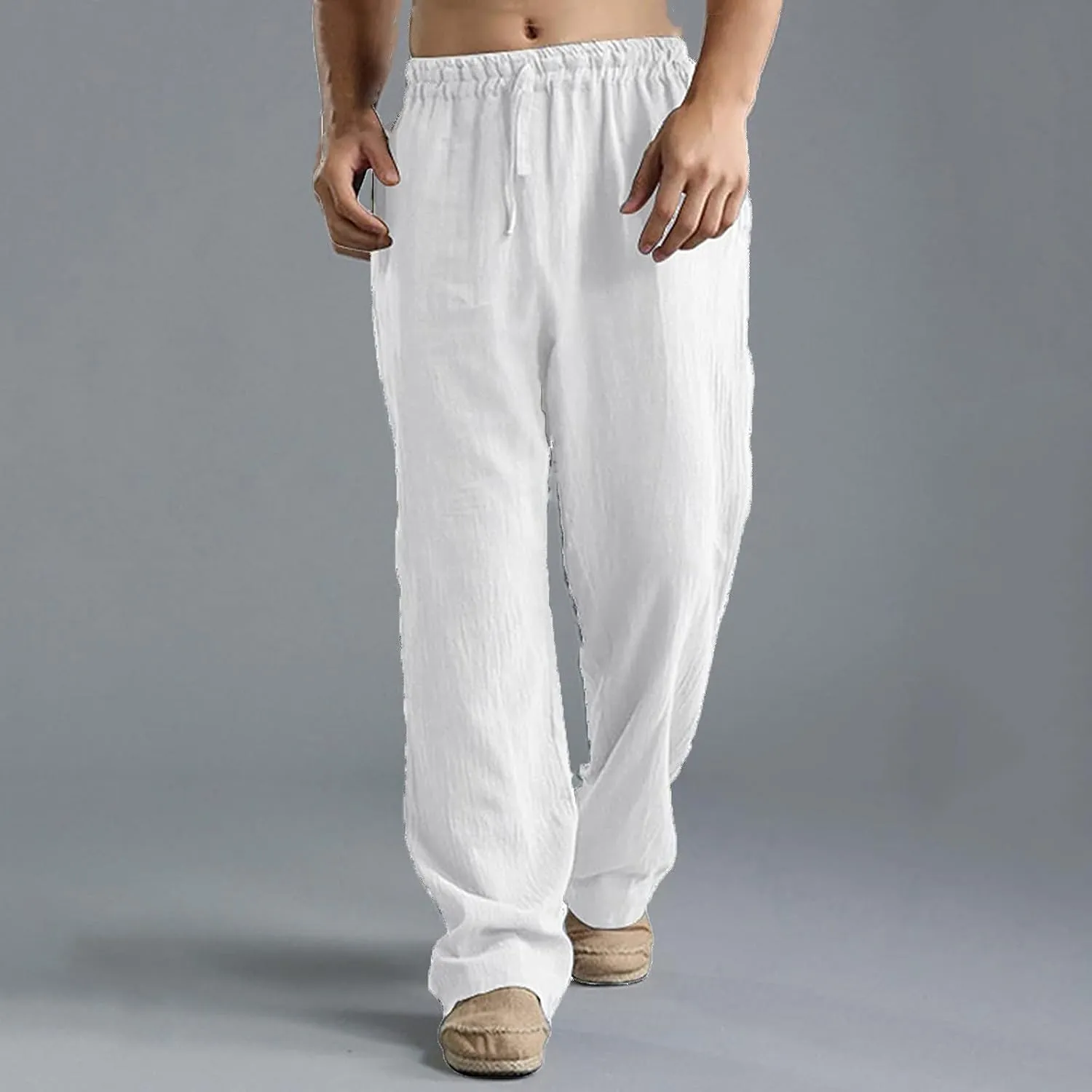 Mens Cotton Linen Pants Summer Drawstring Trousers Elastic Waist Casual Jogger Loose Beach Yoga Pants Solid Sweatpants