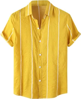 Men's Cotton Linen Shirts Striped Short Sleeve Lapel Shirts Casual Loose Fit Shirts 2025 Summer Beach Shirts Trendy