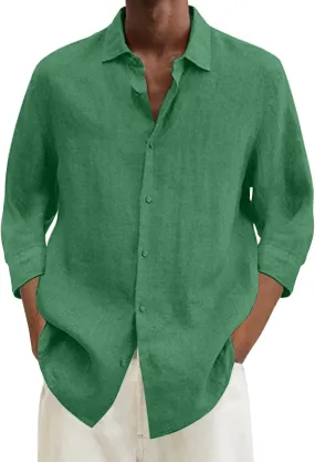 Men's Cotton Linen Shirts Summer Casual Button Down Long Sleeve Shirt Lightweight Loose Turn Down Collar Blouses