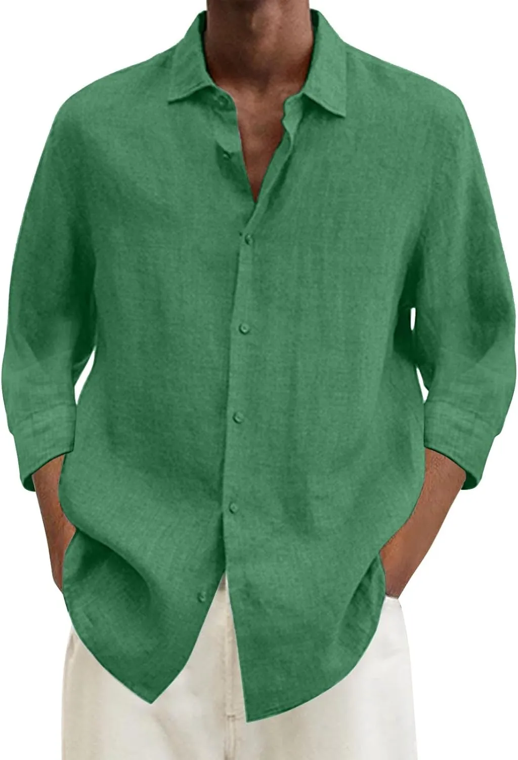 Men's Cotton Linen Shirts Summer Casual Button Down Long Sleeve Shirt Lightweight Loose Turn Down Collar Blouses