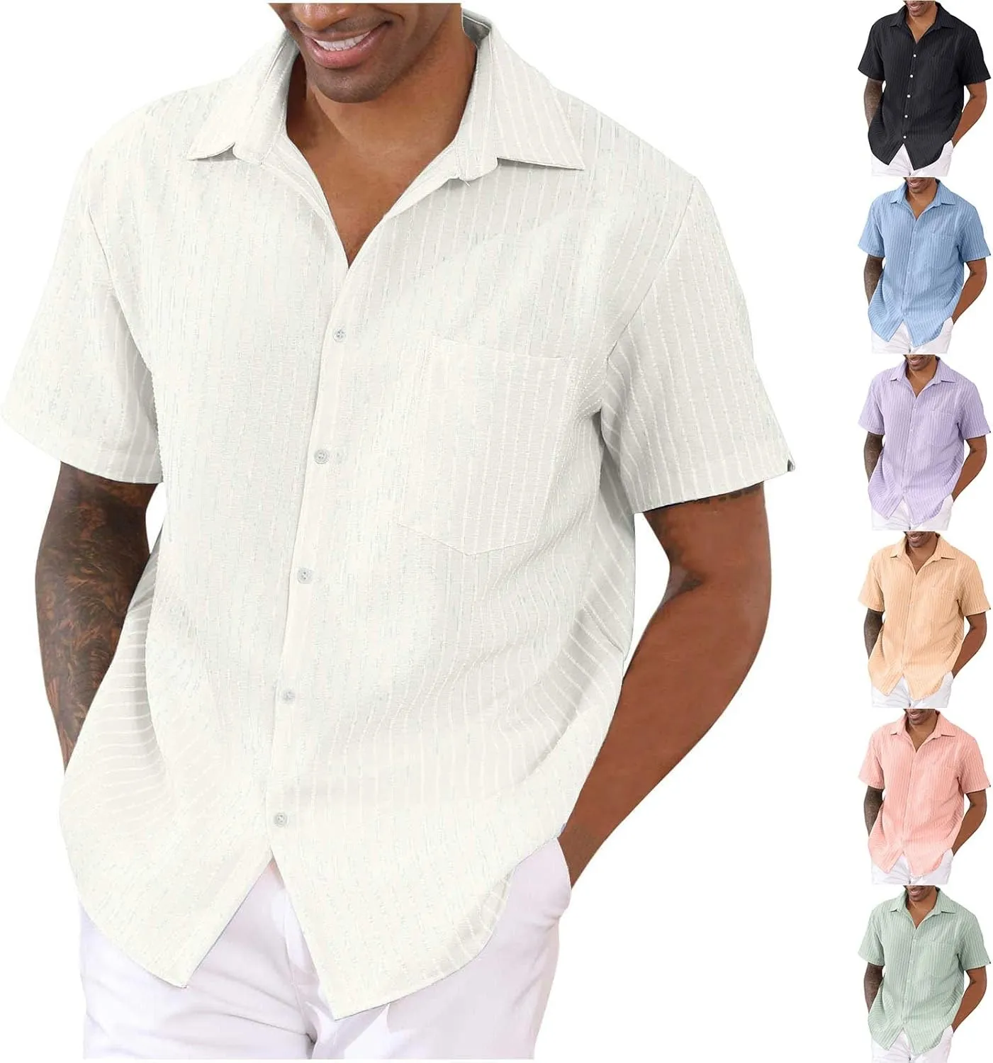 Mens Cotton Linen Vacation T Shirts Striped Short Sleeve Button Dowm Collared Summer Casual Dressy Beach Shirts