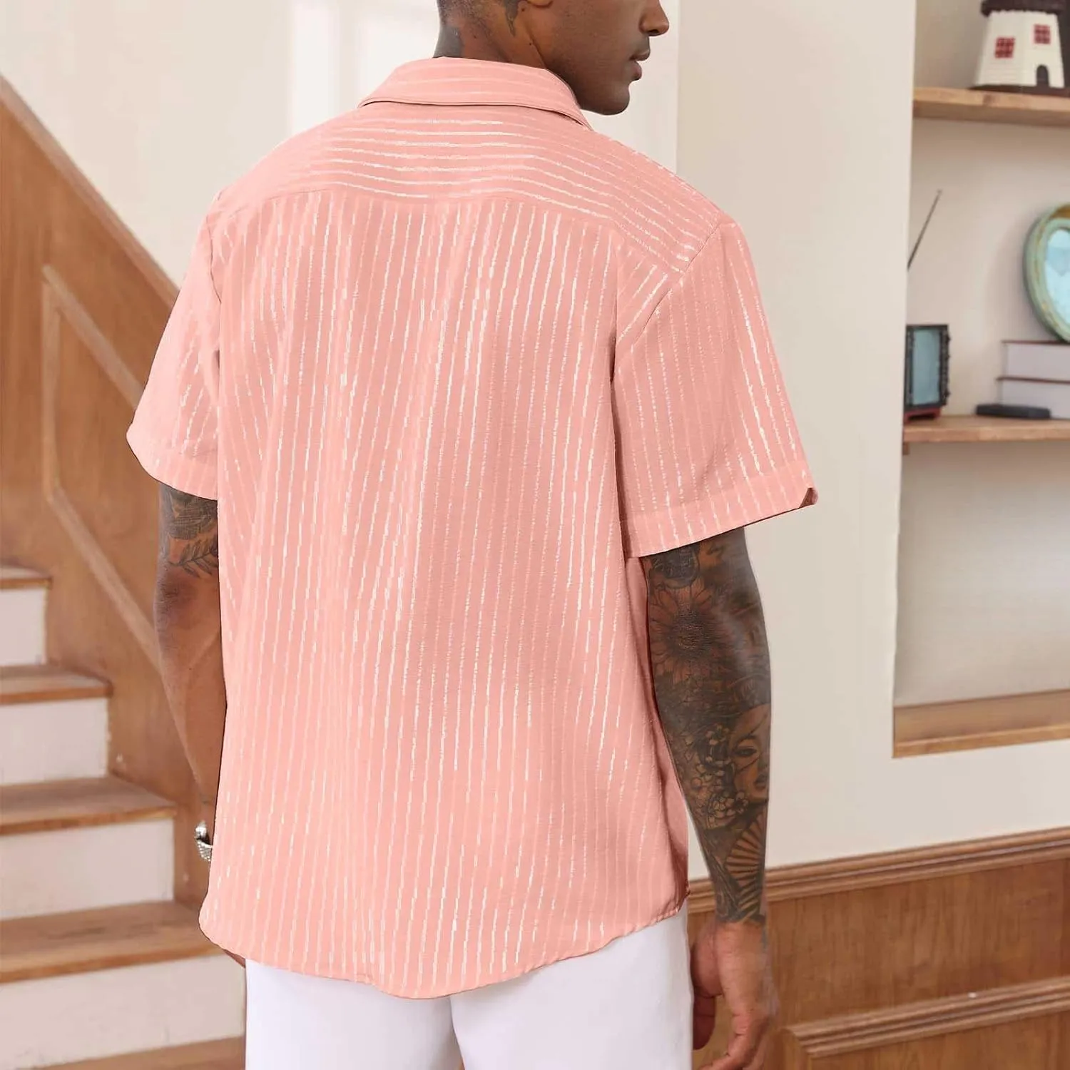 Mens Cotton Linen Vacation T Shirts Striped Short Sleeve Button Dowm Collared Summer Casual Dressy Beach Shirts