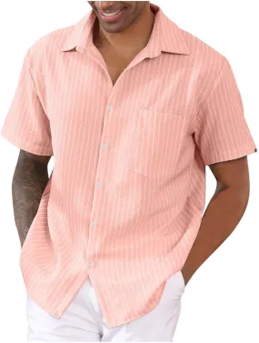 Mens Cotton Linen Vacation T Shirts Striped Short Sleeve Button Dowm Collared Summer Casual Dressy Beach Shirts