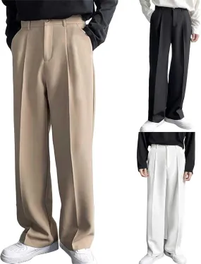 Mens Dress Pants Wide Leg Pleat Front Long Pants High Waisted Button Zipper Fly Suit Trousers Business Work Clothes