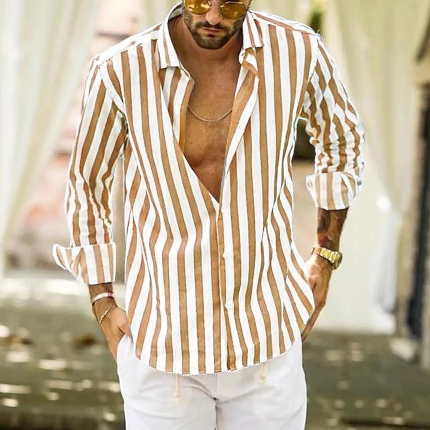 Mens Fashion Striped Shirts Beach Casual Button down Shirts Long Sleeve Dress Shirts Regular Fit Summer Fall Shirts