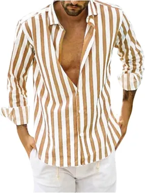 Mens Fashion Striped Shirts Beach Casual Button down Shirts Long Sleeve Dress Shirts Regular Fit Summer Fall Shirts